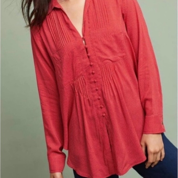 Maeve Red Matilda Polkadot Blouse Pleated Long Sleeve with Notched Collar Size S - Picture 8 of 12